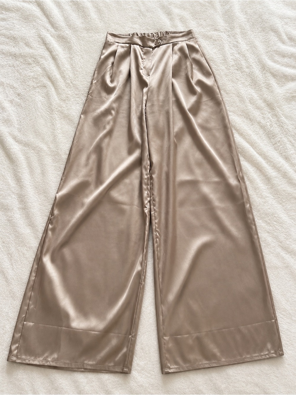 Fashion Nova Wide Leg Satin Pants in Taupe